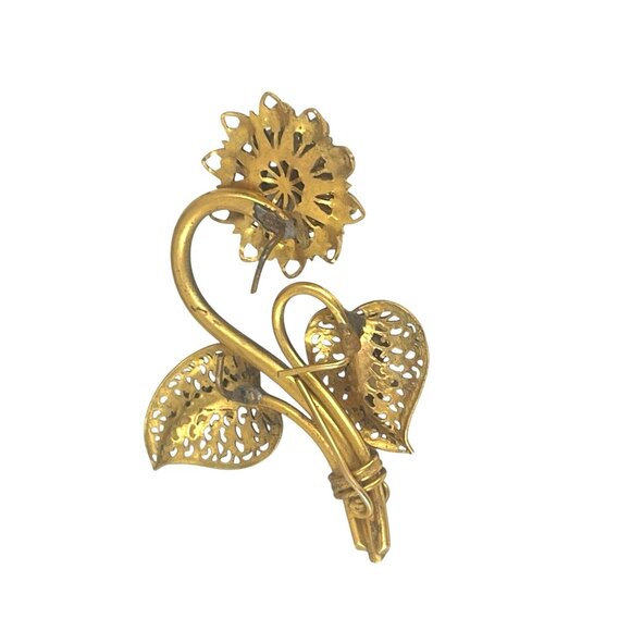 Vintage Floral Filigree Brooch Pin With Enamel & Faux Pearl Accents Gold Tone Co - Picture 5 of 8